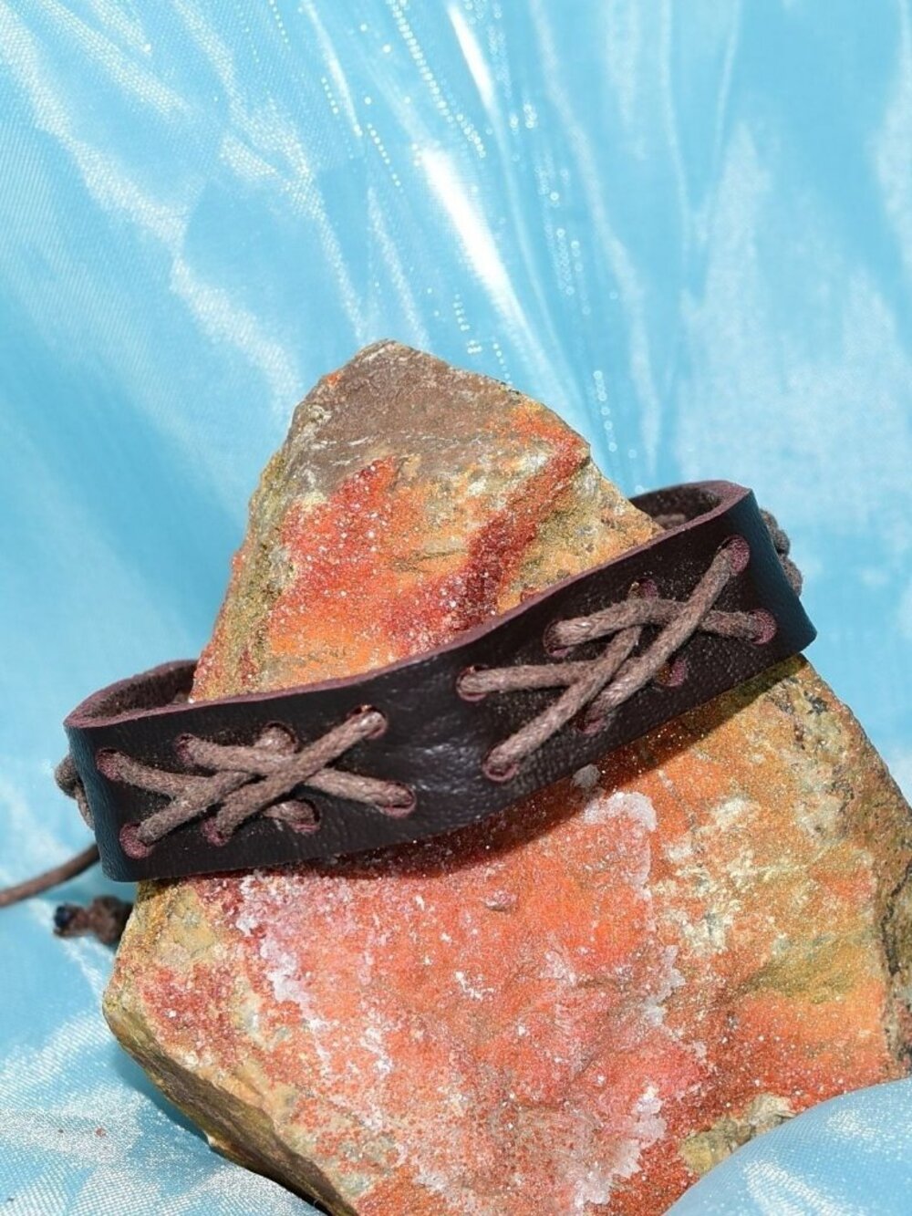 Caz Punch Cross Stitch Leather Bracelet Brown on Brown Mens Gift Boxed